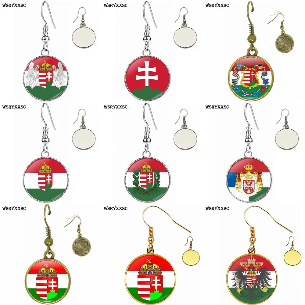 

EJ Glaze Hungary Flag Bronze/Silver/Golden Clip Ear Hook Drop Earrings Glass Cabochon Vintage Statement Jewelry For Girls
