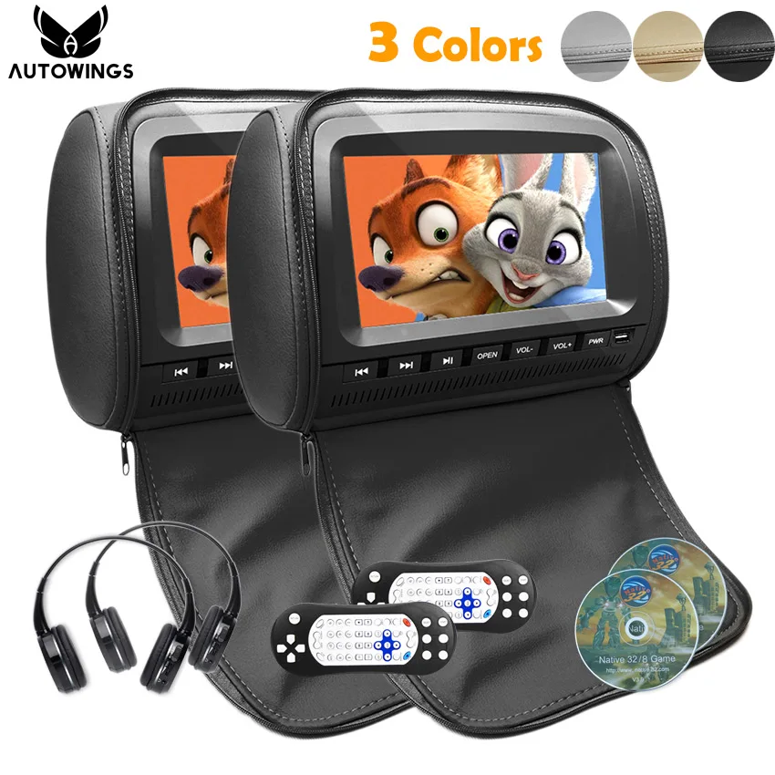 2x 9 inch Leather Cover Car Headrest Monitor DVD Video