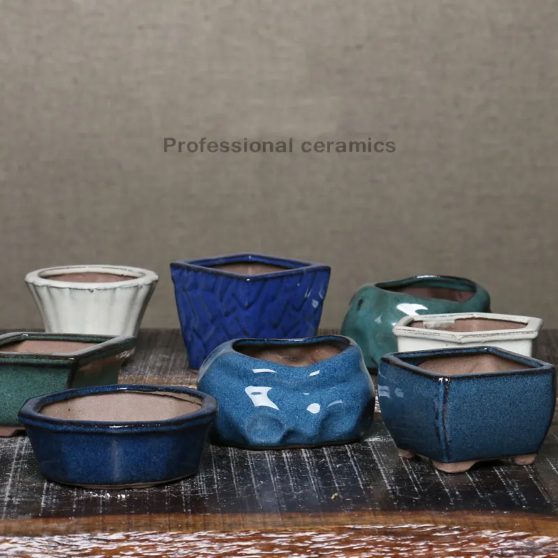 Square Chinese Bonsai Ceramics Dark Green Glazed Plant Pot for Desktop Decor