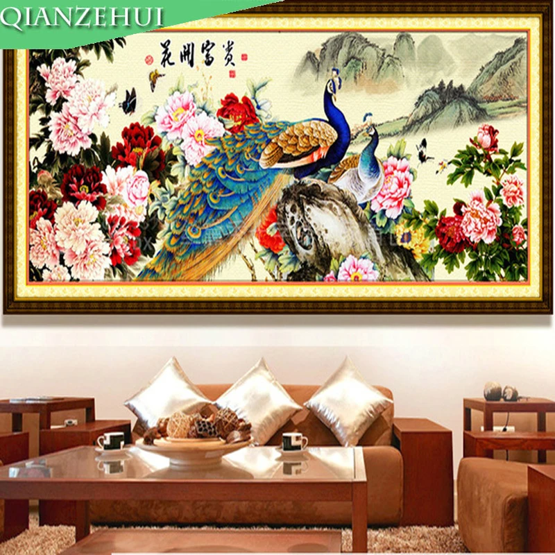 

QIANZEHUI,Needlework,DIY Blossoming, Peacock Peony flowers cross stitch, Harmony bring wealth cross-stitch ,Wall Home Decro