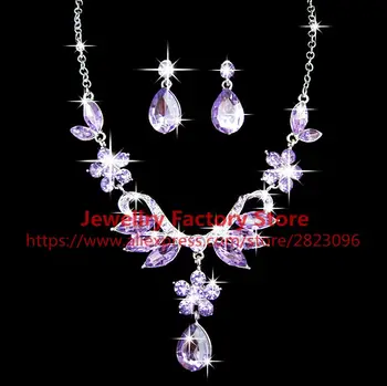 

200sets/lot luxury crystal necklace earrings wedding jewelry set for Bride purple color rhinestone necklace wholesale