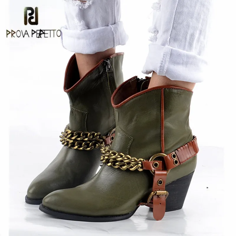 

Prova Perfetto Green Ankle Boots for Women High Heel Martin Boot with Chains Pointed Toe Female Genuine Leaather Botas Mujer