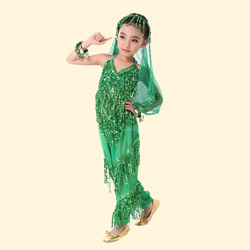 Детский танец живота комплект детская одежда для индийских танцев Детские костюмы танцевальный, ткань с блестками, с кисточками, сценический костюм комплект из 3 предметов, 6 шт