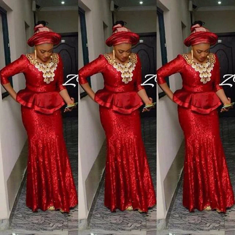 African Red Sequnis Lace Mermaid Women Formal Party Dress ...
