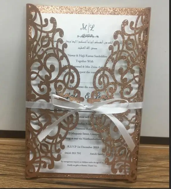 Популярная лазерная резка свадебные пригласительные карты блестящая бумага персонализировать приглашения для свадьбы и бизнеса - Цвет: glitterchampagnegold