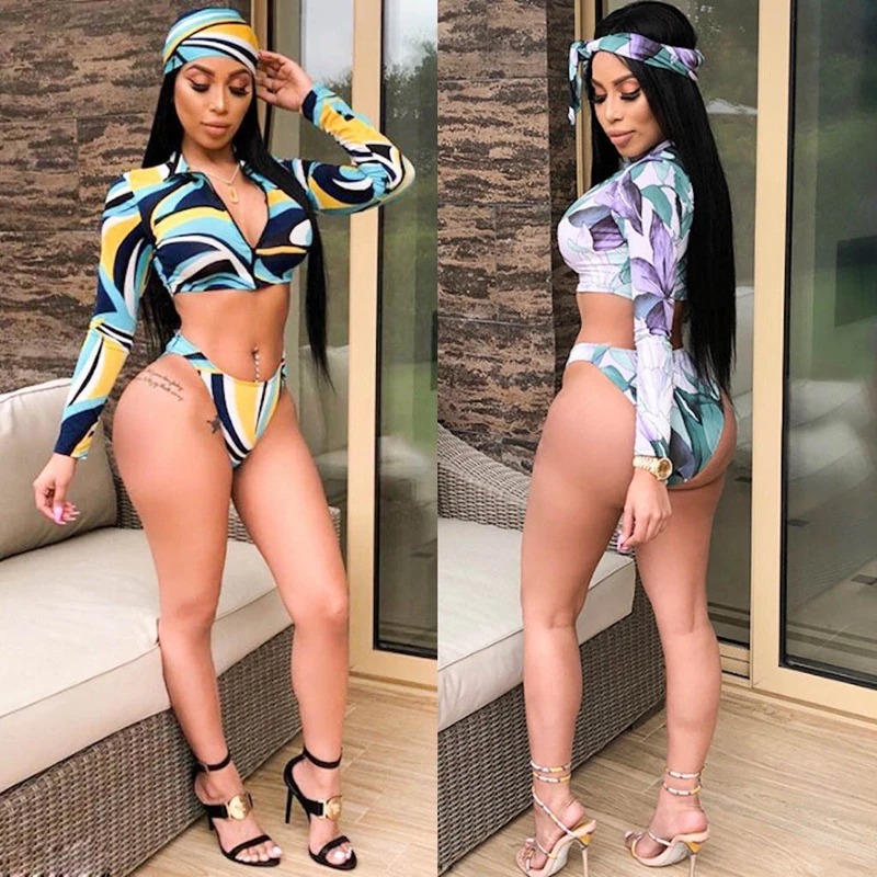 

3Pcs Set Fashion Women Long Sleeve Turtle Neck Zipper Tankinis Bikini Swimwear
