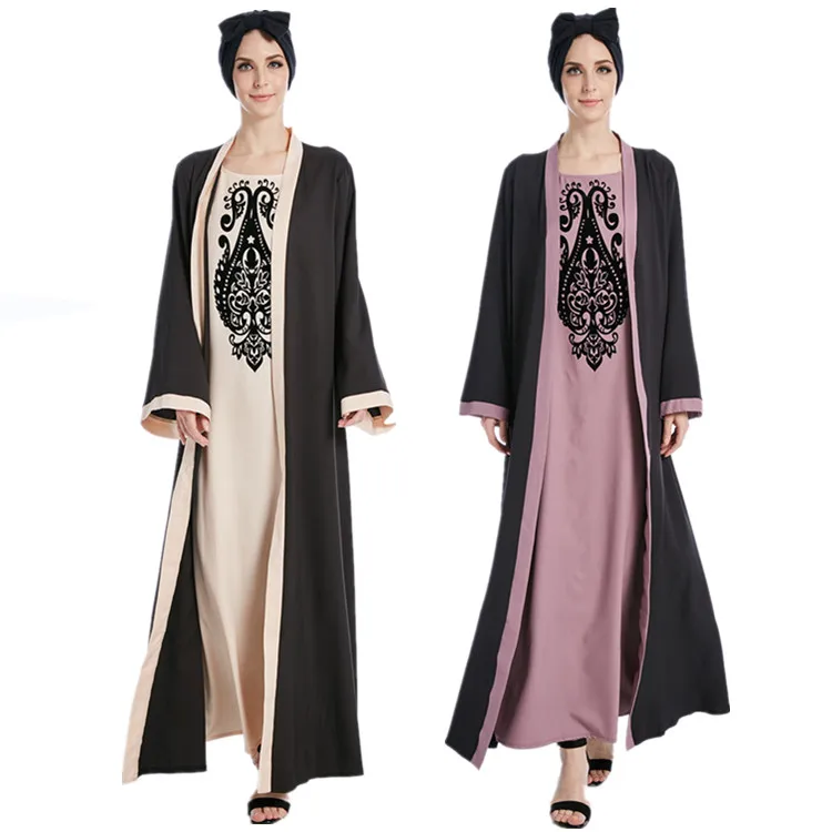 Dubai Muslim Ladies Long Sleeve Fake two pieces Dress Jilbab Vintage