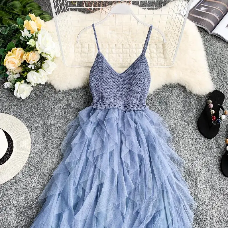 Новое Женское платье из тюля, летнее Сетчатое платье с высокой талией, асимметричное плиссированное платье, женские тонкие платья феи - Цвет: Синий