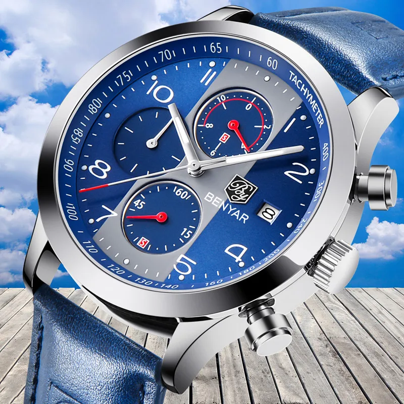 

BENYAR Luxury Sport Waterproof Chronograph Top Business Brand reloj hombre Quartz Leather Strap Date Mens Watches erkek saat+Box