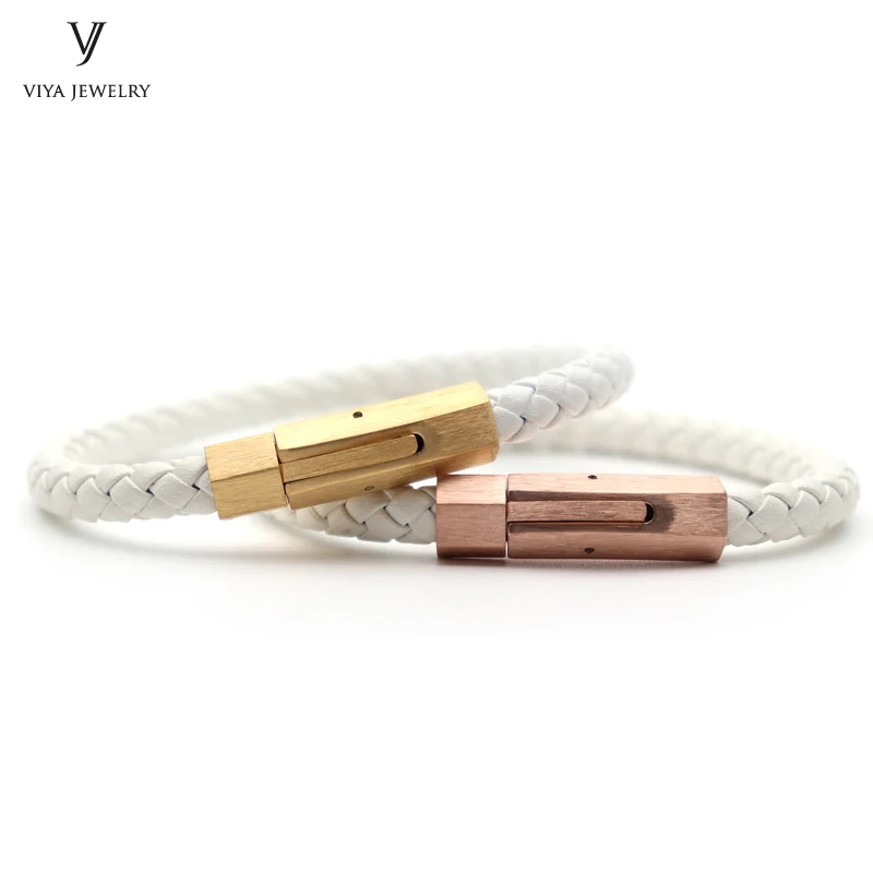 2 Pcs Fashion Simple White Cow Leather Couple Bracelet Customize Spring Clasp Leather Jewelry Bracelet For Lovers Has Gift Box 2 Pcs Fashion Simple White Cow Leather Couple Bracelet Customize Spring Clasp Leather Jewelry Bracelet For Lovers Has Gift Box