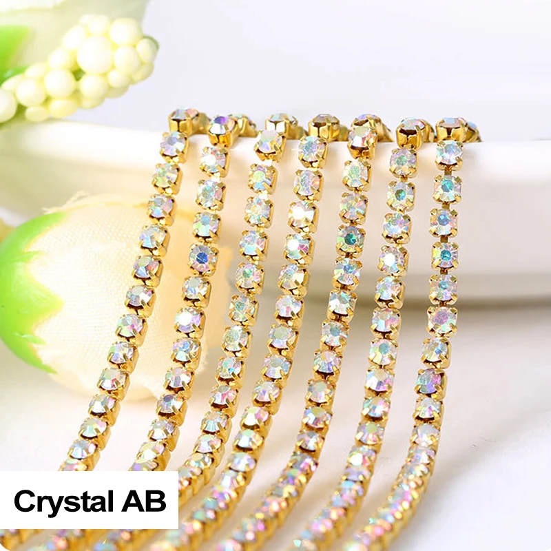 3yards/piece 17colors glass crystal Rhinestones chain, Gold bottom sew on Cup Chains For diy Sewing Clothes Accessories