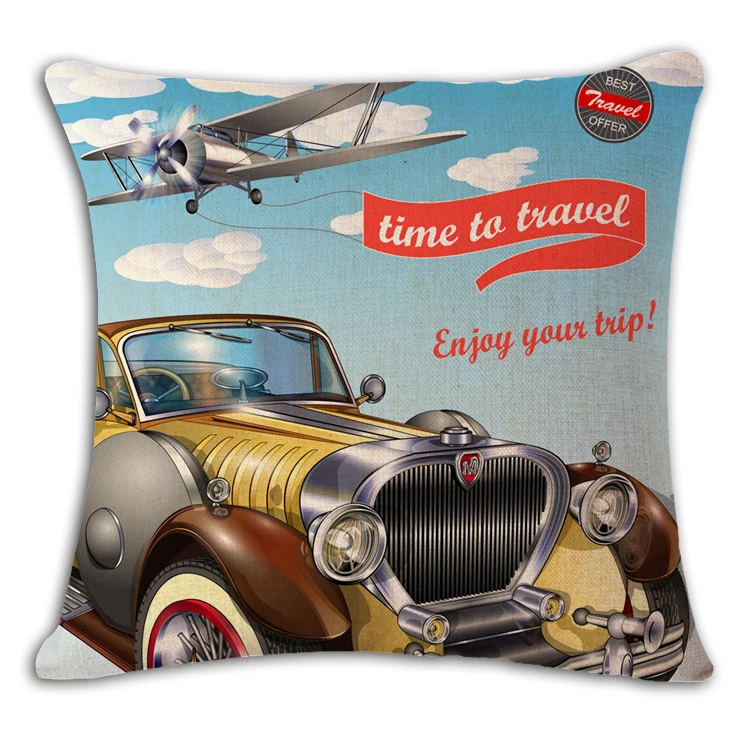 Cartoon Antique Car Cushion Cover Print Linen Affection Sofa Car Seat Family Home Decorative Throw Pillow Case Housse De Coussin