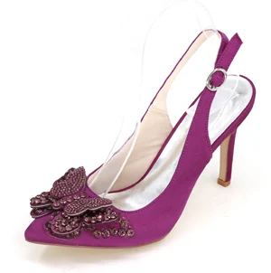 Creativesugar/женские туфли с заостренным носком; атласные туфли со стразами и бабочкой; очаровательные свадебные туфли для выпускного вечера; 7 цветов - Цвет: Purple