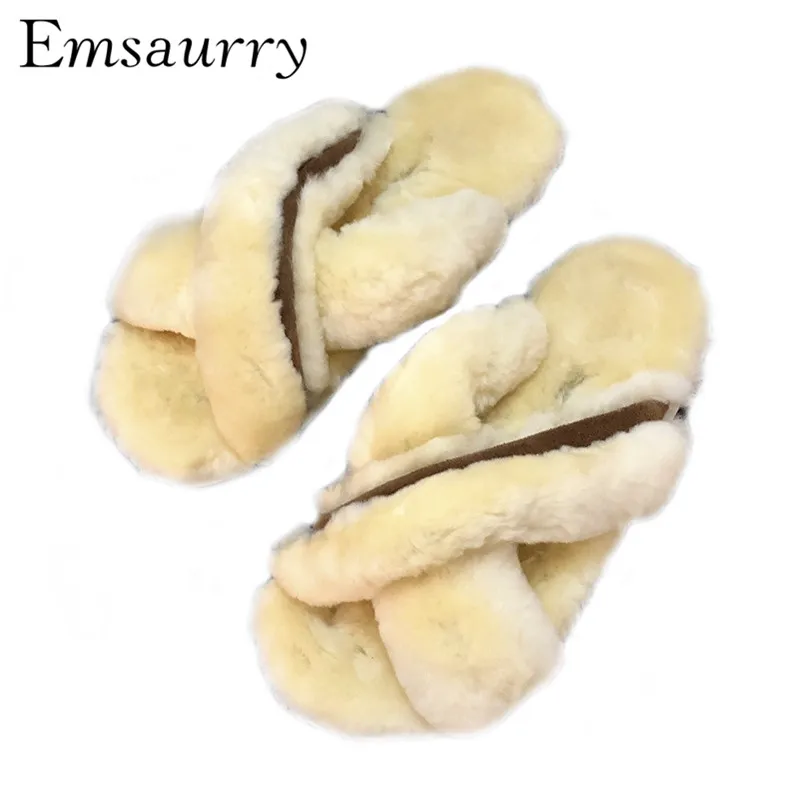 

Slippers Women Top Quality Wool Fur Cross Belt Mules Beige Flat Slippers Autumn Winter Zapatos De Mujer