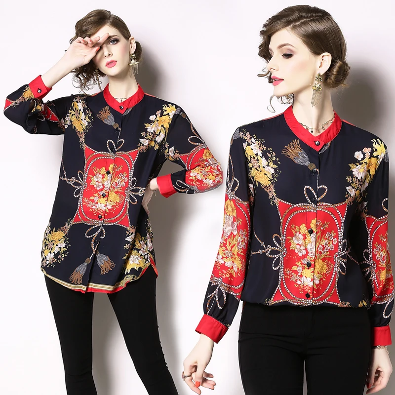 

2019 Spring Summer Fall Runway Vintage Baroque Print Collar Button Front Long Sleeve Womens Ladies' Casual OL Top Shirts Blouse