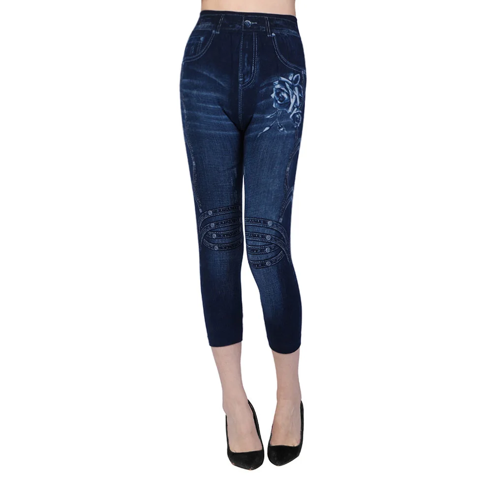 

CALOFE 2019 Fashion Women Casual High Waist Calf Length Pants All Seasons Stretch Pants Print Pocket Blue Irregular Top Jeans