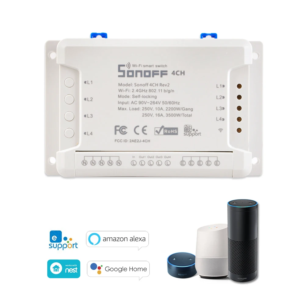 

4CH ITEAD 4 Channels Din Rail Mounting WiFI Switch Universal Wireless Smart Switch Works with Alexa Google Home Smart Home