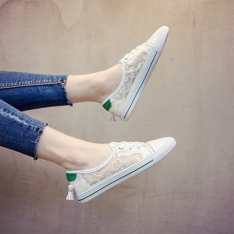

White shoes women summer lace mesh flat elastic pendant Joker Street breathable shallow breathable student shoe tide Yasilaiya