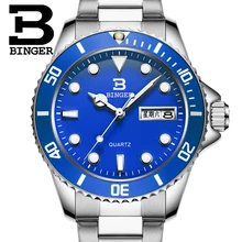 Подлинная Роскошная BINGER брендовая мужская полная сталь двойной календарь водонепроницаемый светящийся кварц мужской синий циферблат серебряный ремешок модные часы