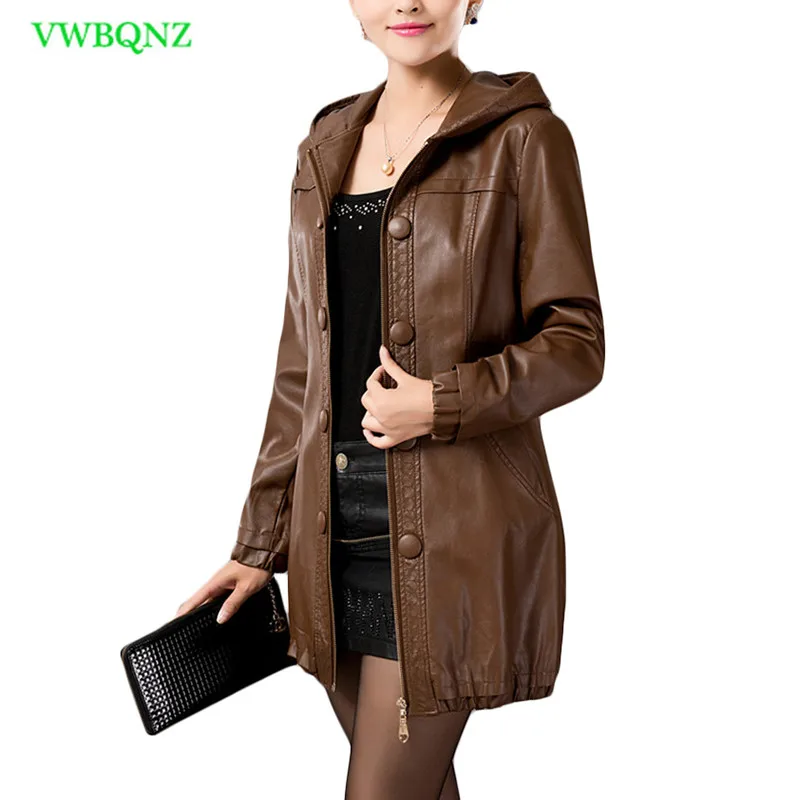 Большие размеры, Женская куртка из искусственной кожи, Осень-зима, длинная Повседневная мотоциклетная кожаная куртка, Женская коричневая куртка с капюшоном, L-5XL, A222 - Цвет: Brown