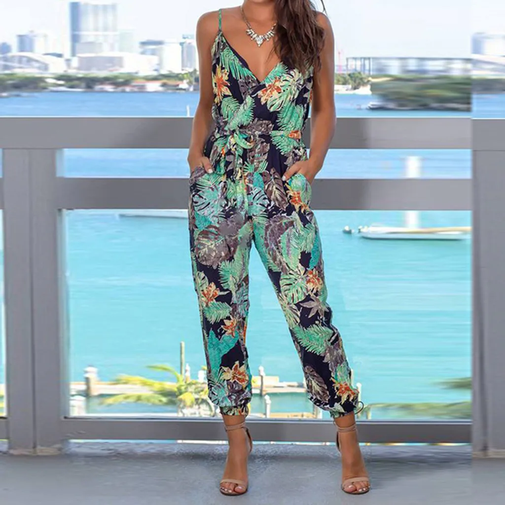 

Fashsiualy Women Sexy Playsuit Bodysuit Sleeveless Spaghetti Strap V-neck Printed Casual Long Jumpsuit Whosale Dropshipping
