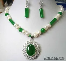 

Real White Pearl Green gem Crystal Pendant Necklace Earrings Set Quartz Fine Plated Bridal wide watch wings queen