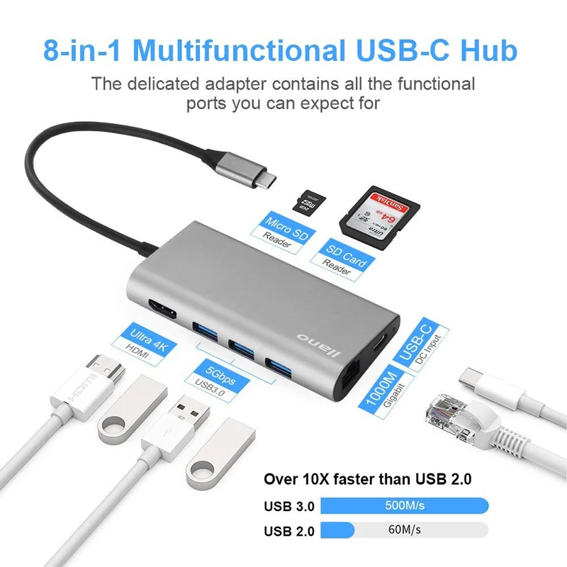 Llano usb c концентратор usb разветвитель usb3.0 Тип c hdmi RJ45 Thunderbolt 3 usb verteiler для samsung S9/S8 huawei P20 macbook hdmi концентратор