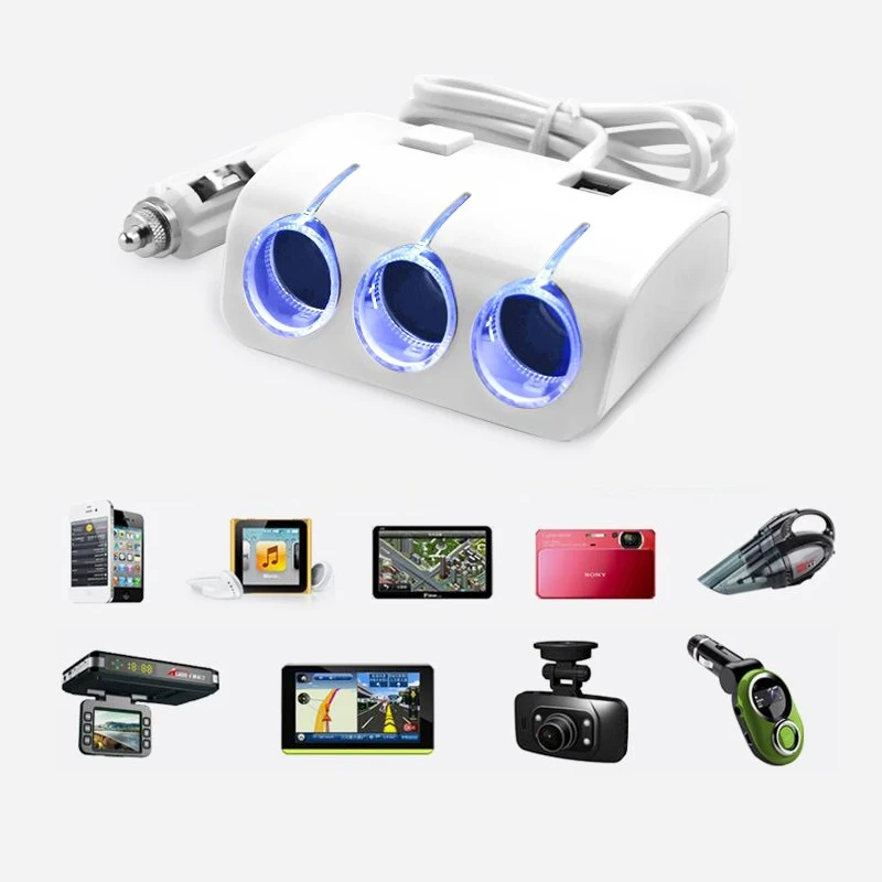 

3 Socket Adapter with USB Interfaced Car Cigarette Lighter Car Charger Power Adapter 12V-24V