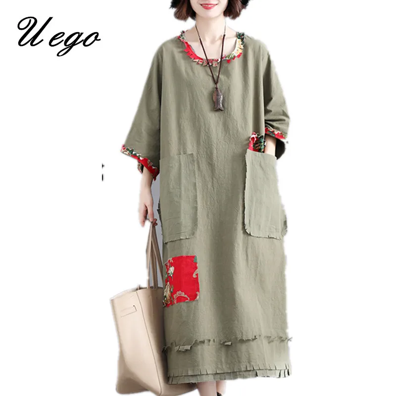 

Uego 2019 New Arrival Spring Summer Dress Cotton Linen Patchwork Pockets Loose Vintage Dress Robes Women Casual Party Dress