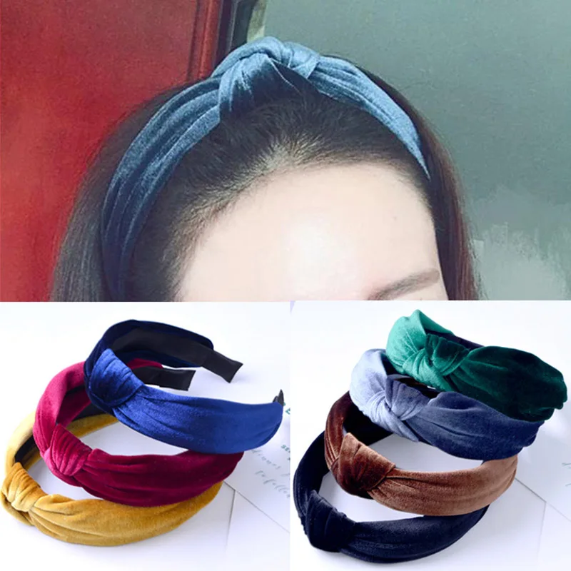 

2019 Winter Women Velvet Headband Lady Twist Knotted Hair Band Retro Bow Wide Hair Hoop Solid Headwear Hair Accessories