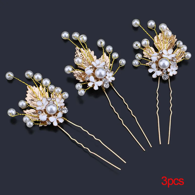 

3Pcs Traditional Metal Gold Pearl Bridal Hair Pin Clip Classic Chinese Hairpins Women Leaves Hairwear Head Piece LB