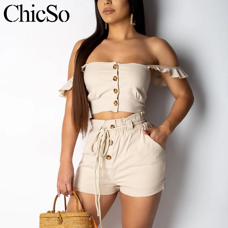 

MissyChilli Off shoulder summer women jumpsuit romper Casual two-piece suit holiday beach playsuit Female cropped ruffle overall