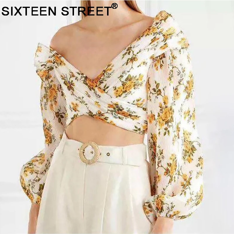 

2019 New summer woman sexy Blouses shirt one shoulder Fold Crop mesh print long sleeve short top for female shirt