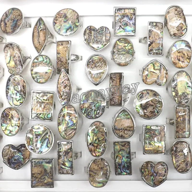 

50pcs/Lot Big Natural Abalone Shell Rings Round, Square, Heart, Eye Shape Free Shipping
