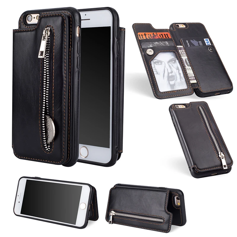 Кошелек из искусственной кожи, флип-чехол для iphone 6, 7, 8 Plus, X, XS, MAX, XR, слот для карт, сумка для хранения на молнии, чехол для samsung S8/S9/Note 8/9