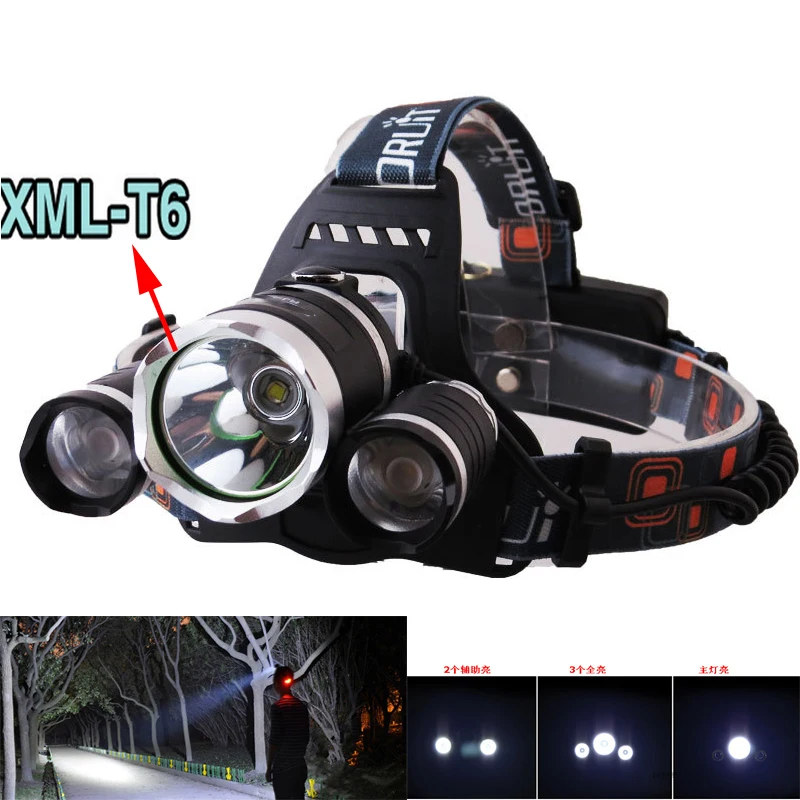 Мощный перезаряжаемый большой светодиодный налобный фонарь XM L XML 3x T6 + 2R5 5000 лм