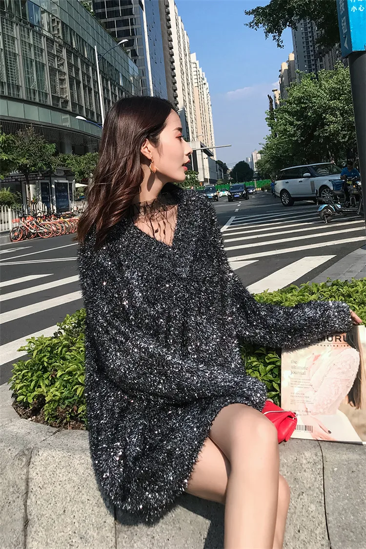 Cakucool свитер для женщин тянуть роковой «летучая мышь» свободные блестящие серебряные люрекс сетки свитера с аппликациями-заплатками корейский средней длины трикотаж