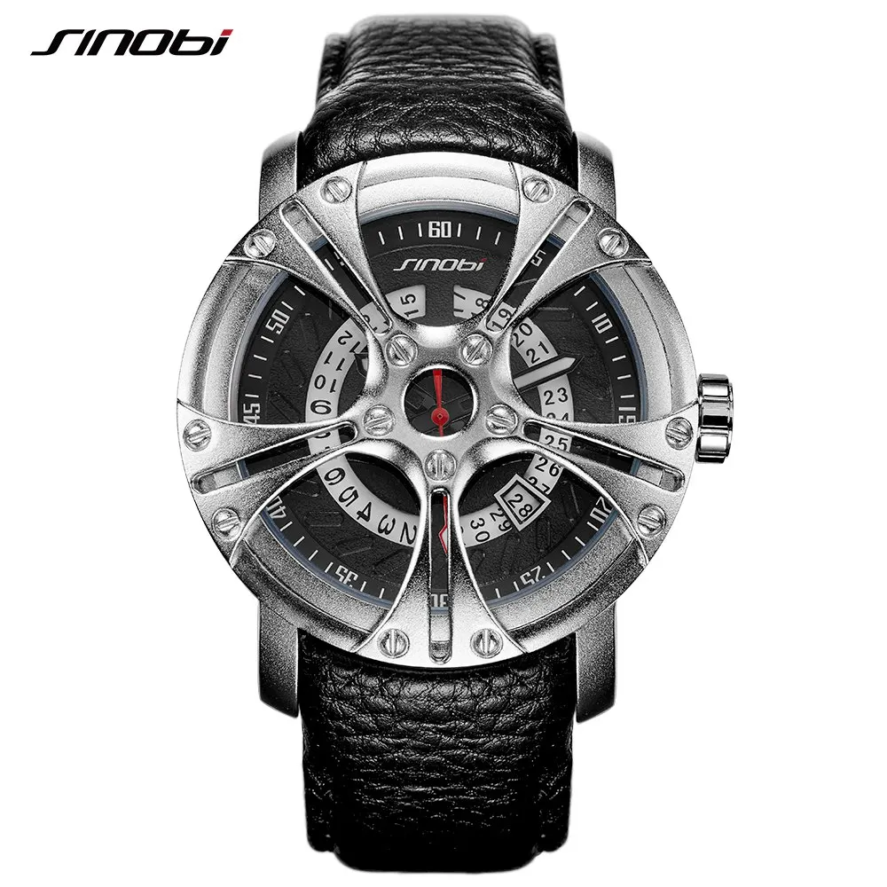 

SINOBI Vintage Watch Military Men Leather Strap Racing Wheel Sports Quartz Watches Skeleton Top Brand Luxury relogio masculino