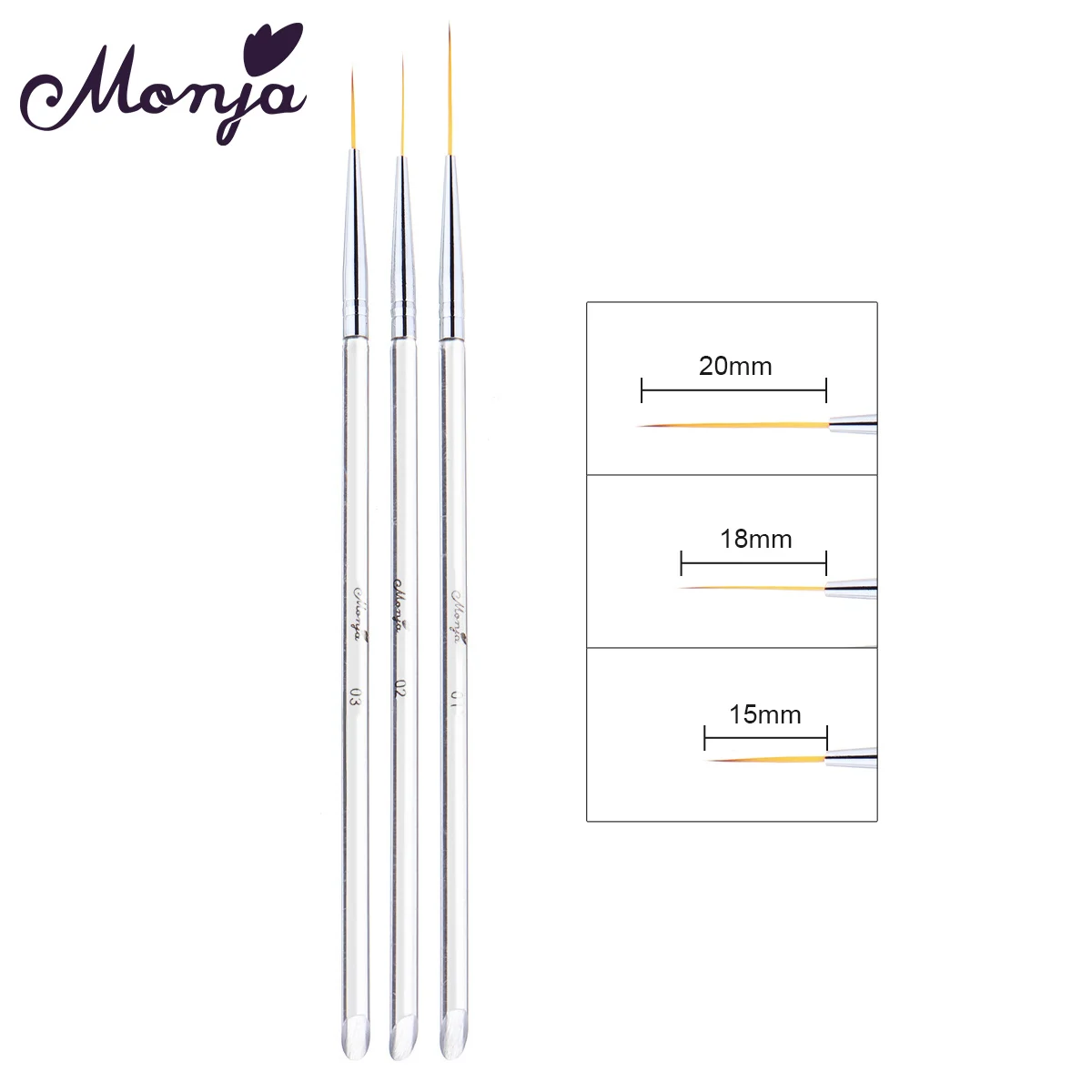 

Monja 3pcs Nail Art Liners Transparent Crystal French Stripes Lines Drawing Painting Brush Polish UV Gel Remove Tools