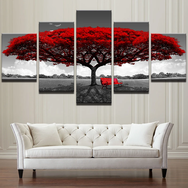 Art mural de peinture d'arbre rouge en 5 pièces