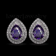 Одноцветные свадебные серьги 14 к из белого золота с бриллиантами, груша, Фиолетовый аметист, настоящее ювелирное изделие с драгоценным камнем для женщин CA001
