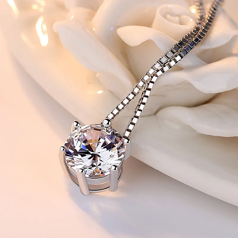 Qevila Fashion Necklaces Plate S925 Six Prongs AAAAA Zircon Pendant Necklace Silver Chain Choker Necklace for Women Jewelry Gift (3)