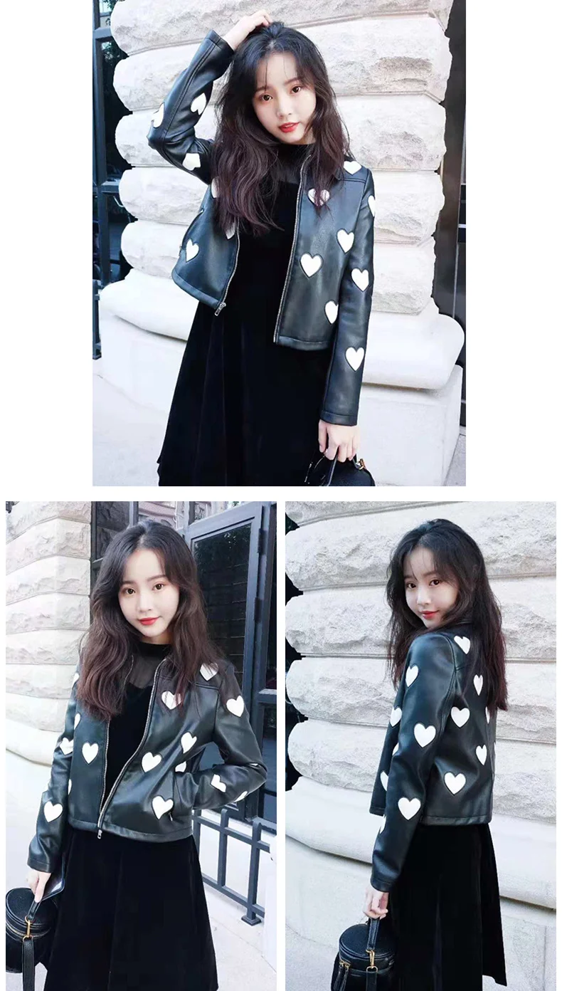 7Mang Women Cute Heart Pu Leather Jacket Street Sweet Turn down Collar Soft Slim Ladies Coat Black Long Sleeve Party Jacket