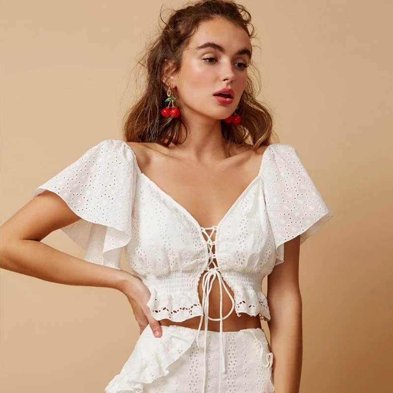 

2019 summer Women Frilled V Neck Ruched Crop Blouse Openwork front lace with short Sleeve Crop top