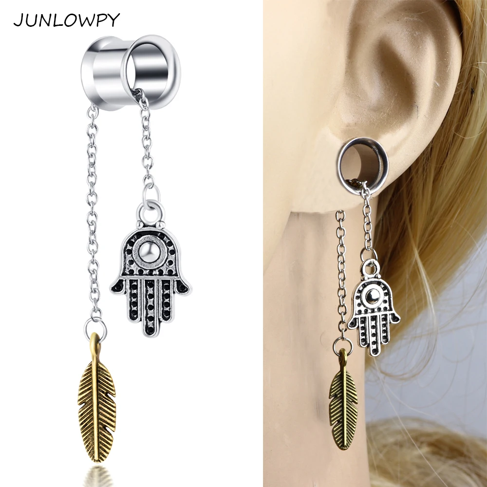JUNLOWPY Feather Dangle Plugs Helix Ear Tunnels Woman Punk Piercing