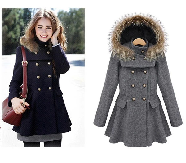 Fashion Detachable Faux Fur Hood Woolen font b Jacket b font Sweet Peplum Design Double Breasted