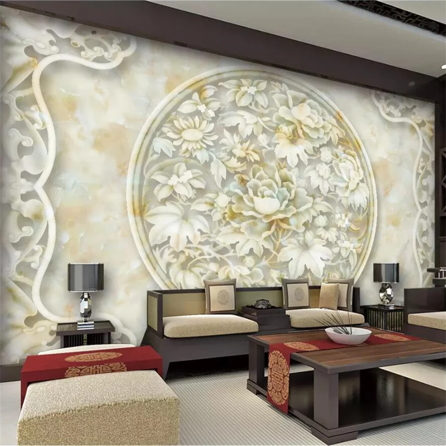 

wellyu Custom Wallpaper 3d Photo Papel de parede Mural Marble Rich Peony Jade Relief TV Sofa Front Wall Background Wall paper