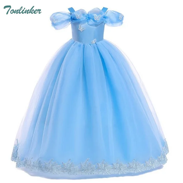 Girls Princess Cinderella Aurora Costume Flower Bow Puff Sleeve Long ...