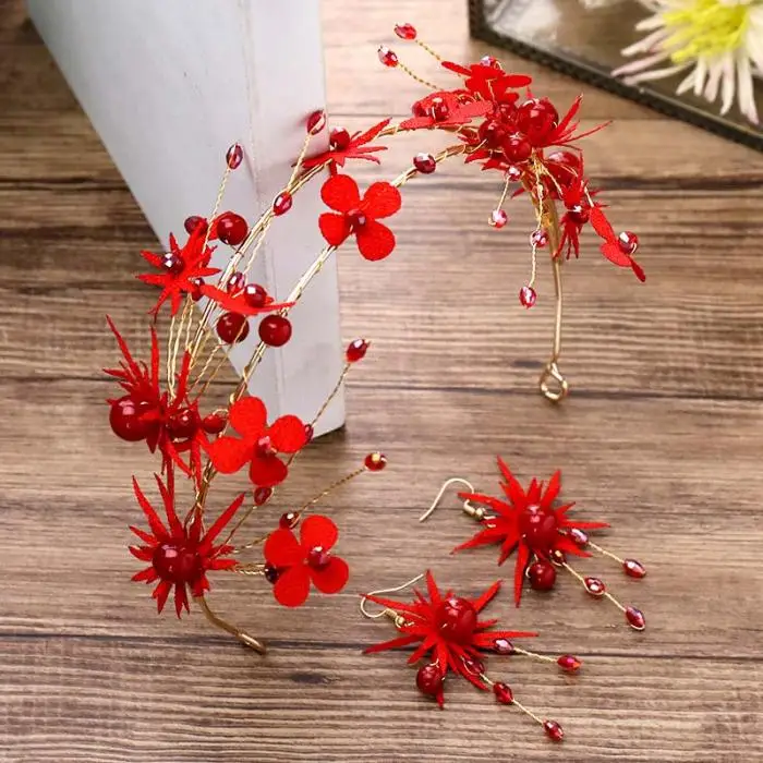 Изысканная красная роза китайский кристалл невесты ободки цветок лист свадебная тиара и серьги набор свадебные аксессуары для волос ювелирные изделия BH