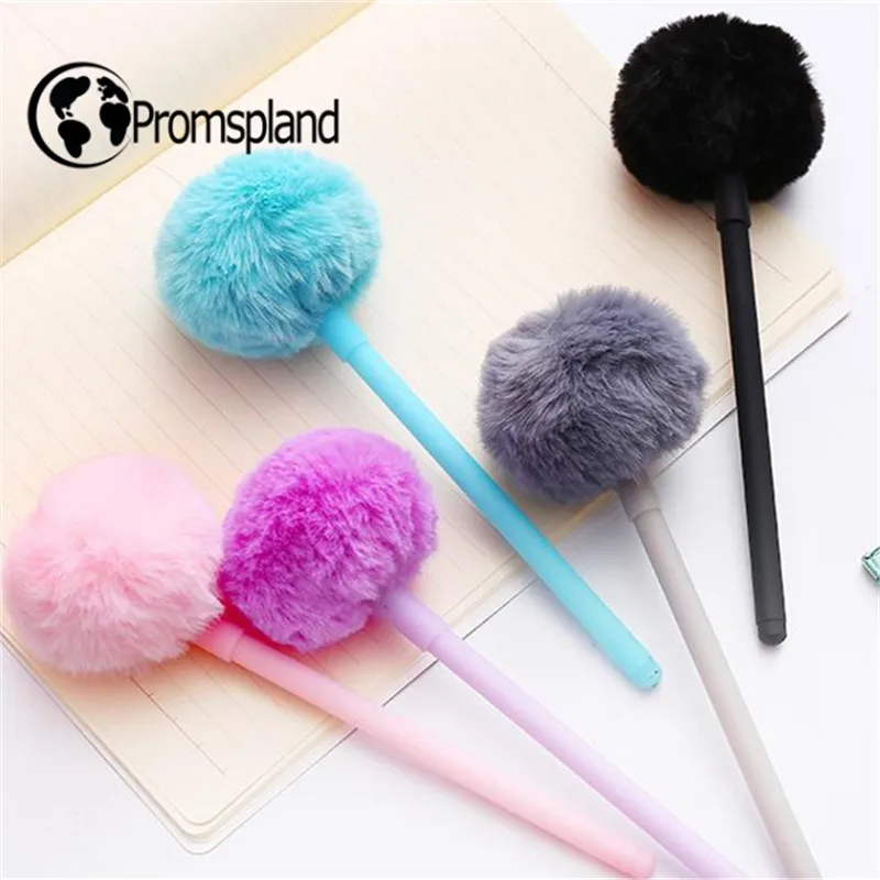 

100PCS Cartoon Ball Plush Gel Black Blue Pink Plush Ball Pen Stationery Office School Supplies Pens 0.5mm Cute Canetas 19cm